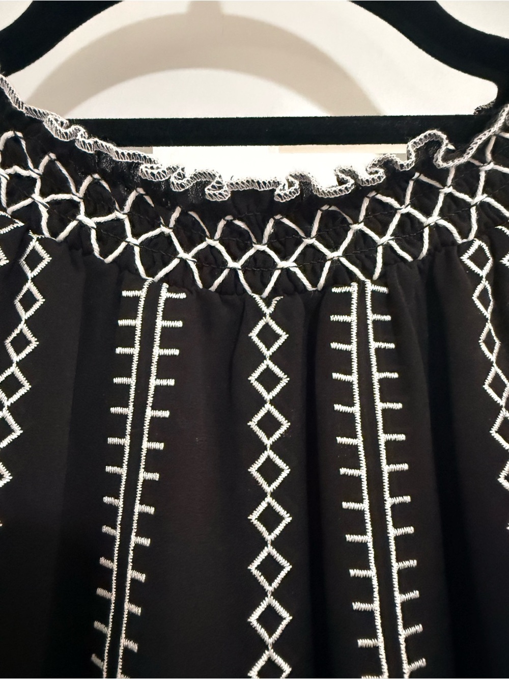 White House Black Market Black Top with White Embroidered Trim